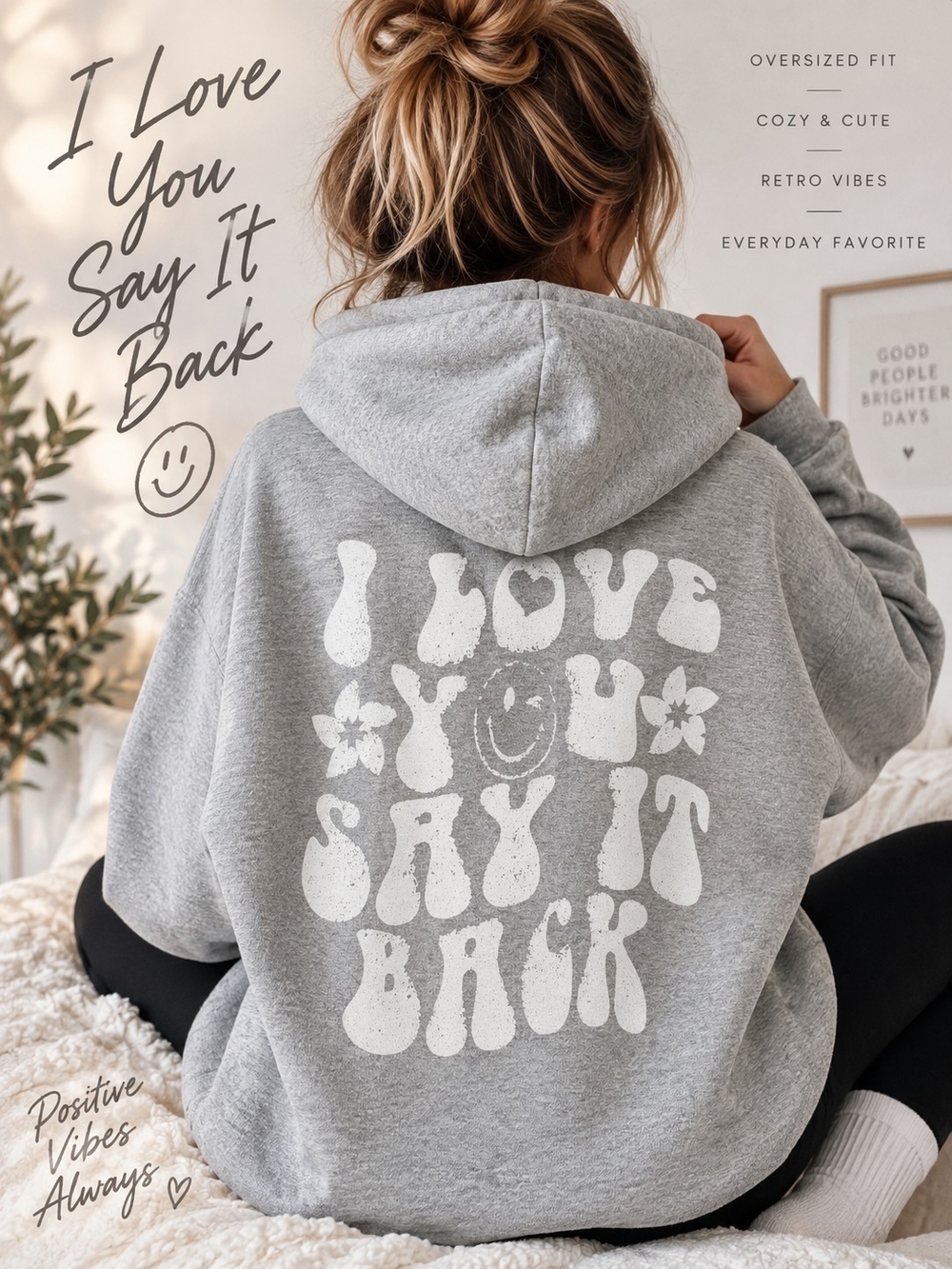 I Love You Say It Back Oversized Gray Graphic Hoodie Smiley Y2K Streetwear XL?